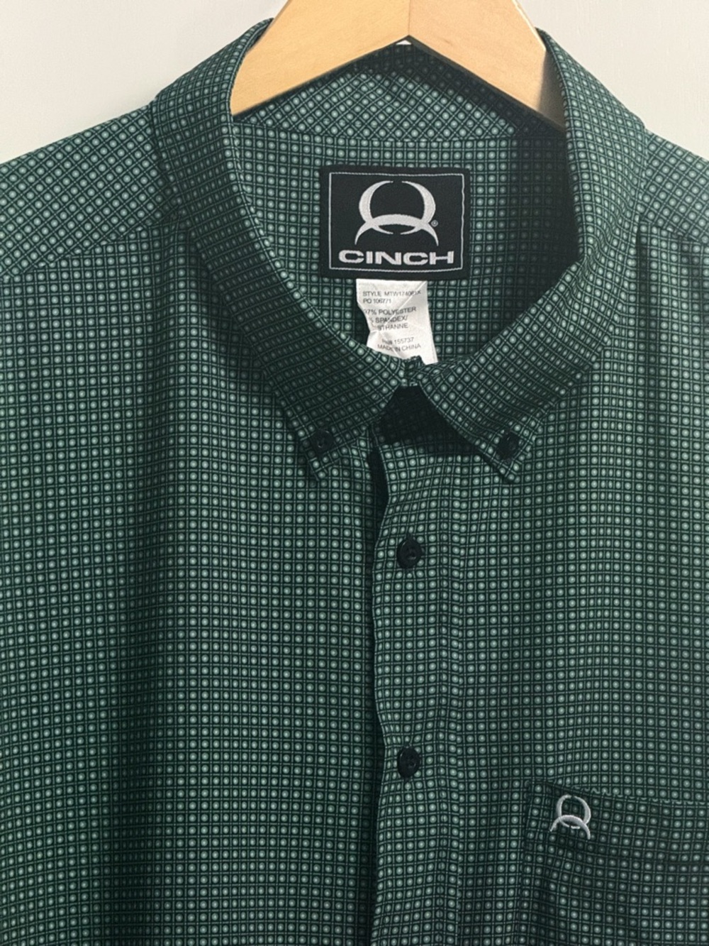 Cinch Men’s 3XL Big & Tall Green Geometric Micro Print Button Down Shirt - Picture 4 of 14